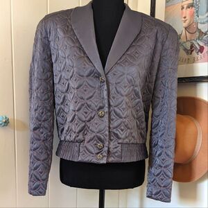 Jacques Vert 6 Gray Quilted Embroidered Geometric Bomber Jacket Vintage Boho